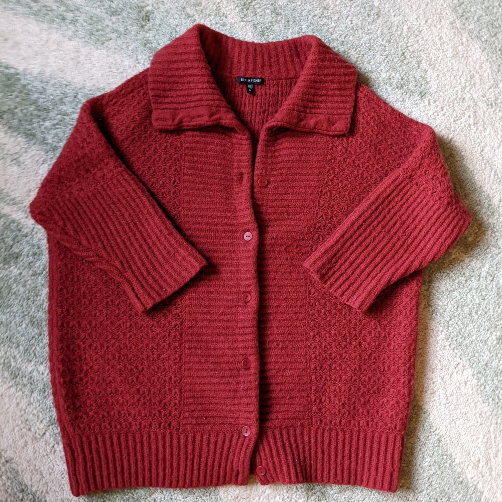 Eileen Fisher Alpaca Merino Wool Blend Button-Front Sweater Cardigan